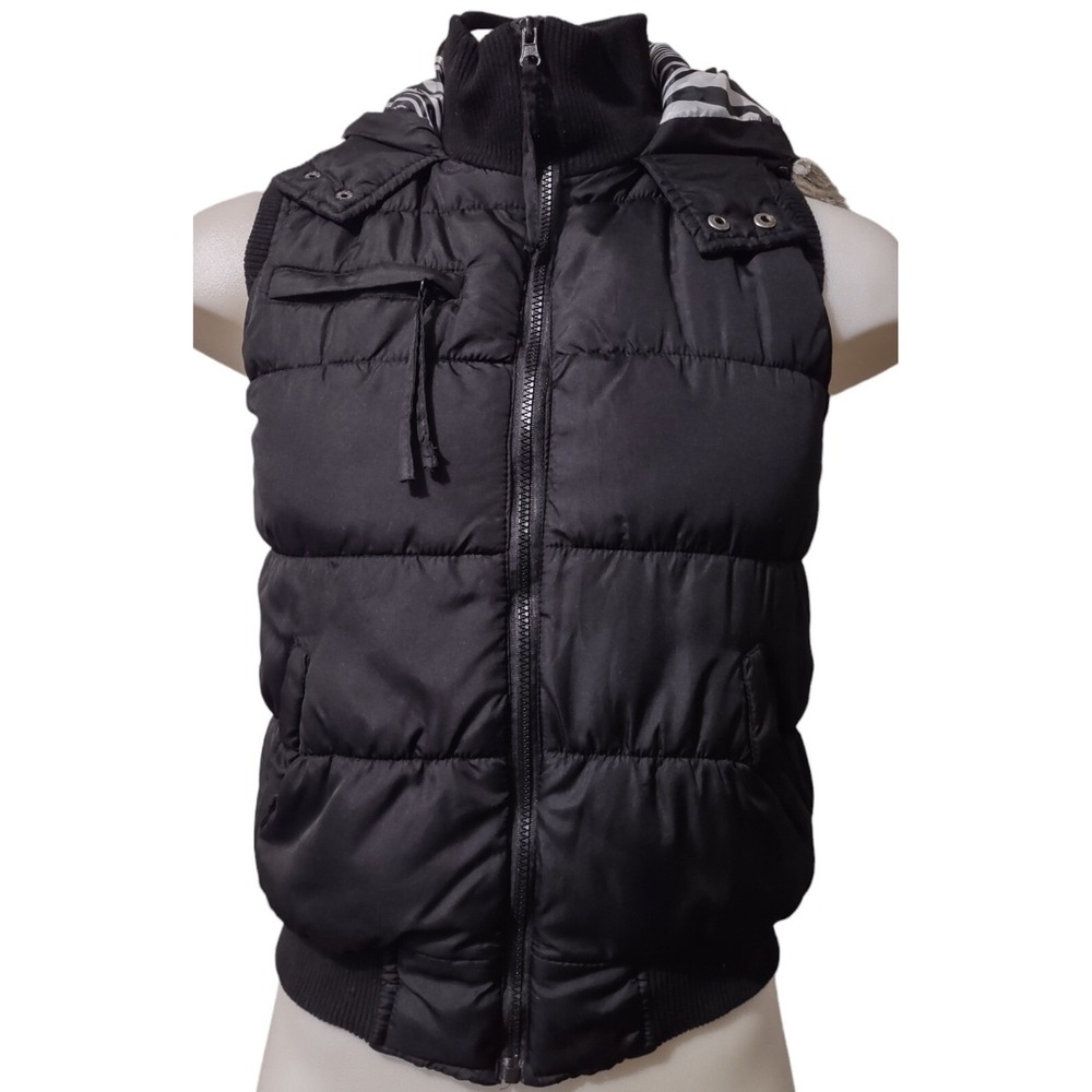 BONGO Puffer Vest Size Junior's Large Fur Lined Hood Black Zebra Striped Inside